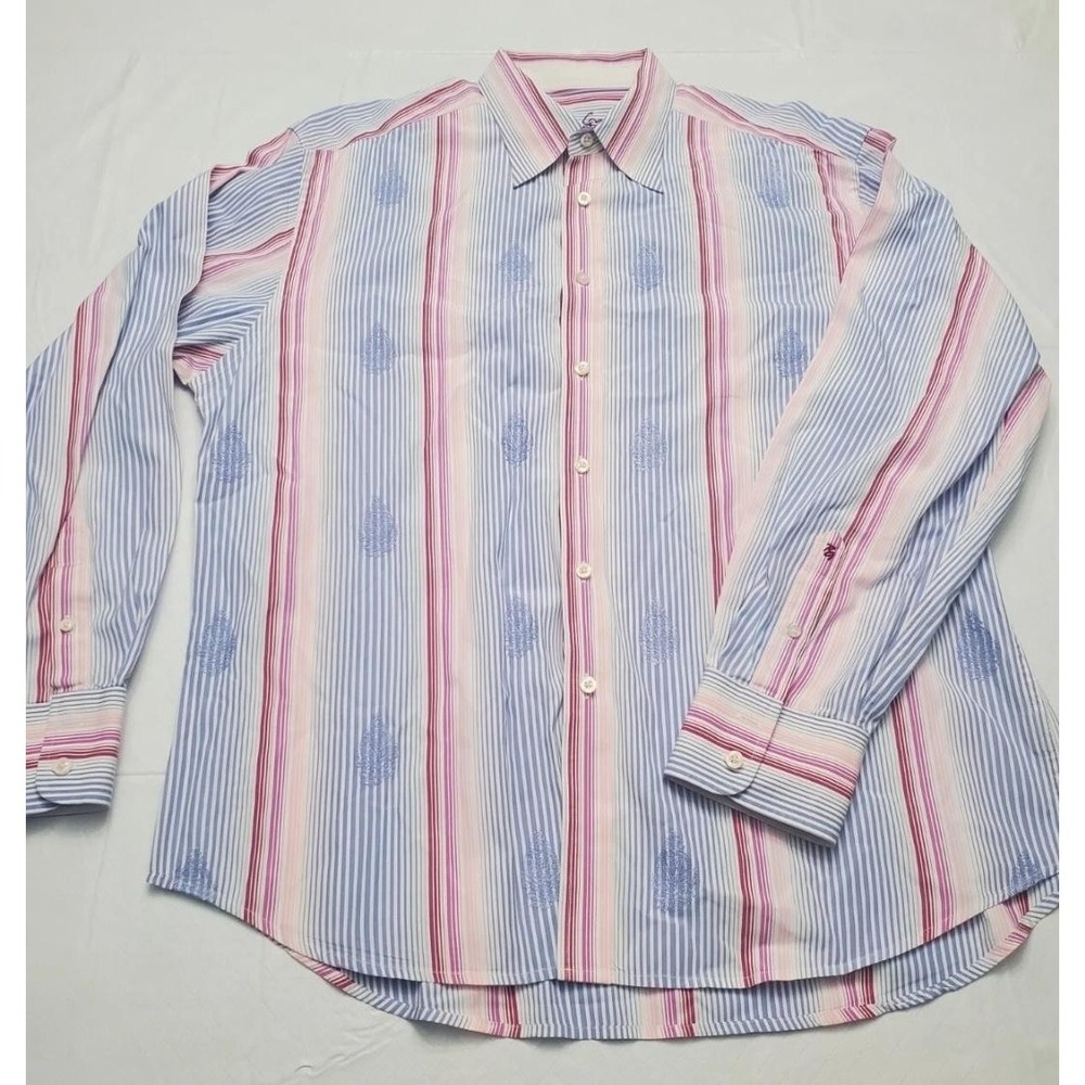 Robert Graham Shirt Mens 2XL Blue Pink Striped Long Sleeve Button Up Embroidered